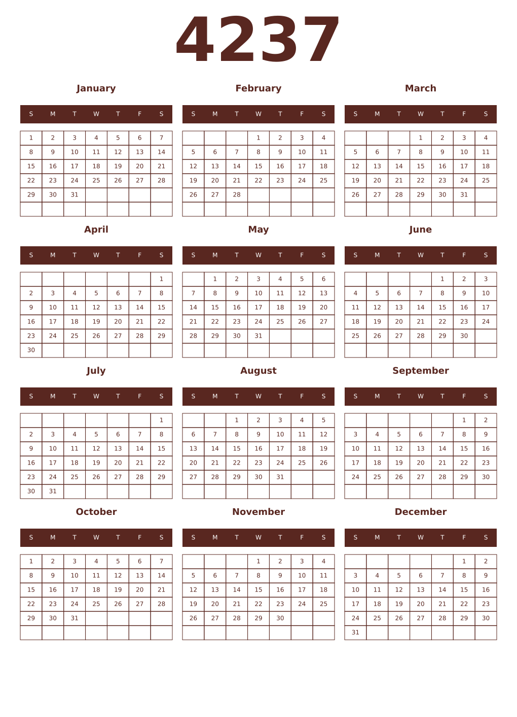 Printable 4237 Year Calendars mortuum