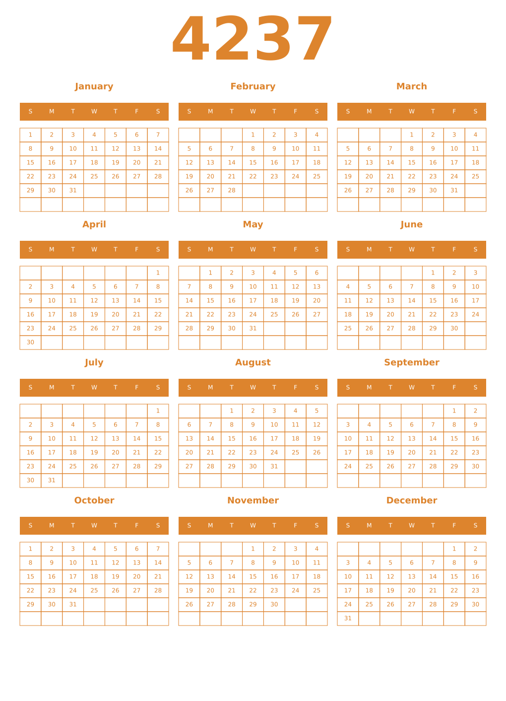Printable 4237 Year Calendars orange