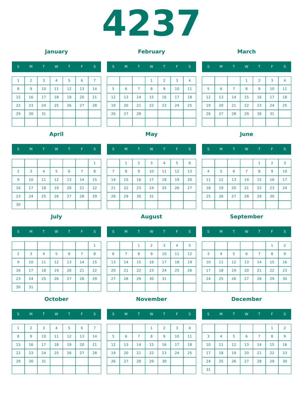 Printable 4237 Year Calendars pastel