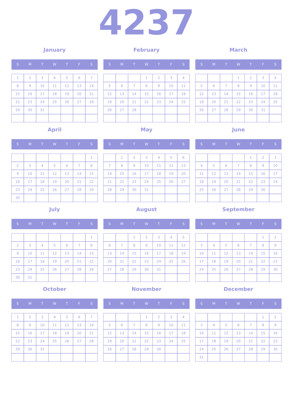 Printable 4237 Year Calendars periwinkle