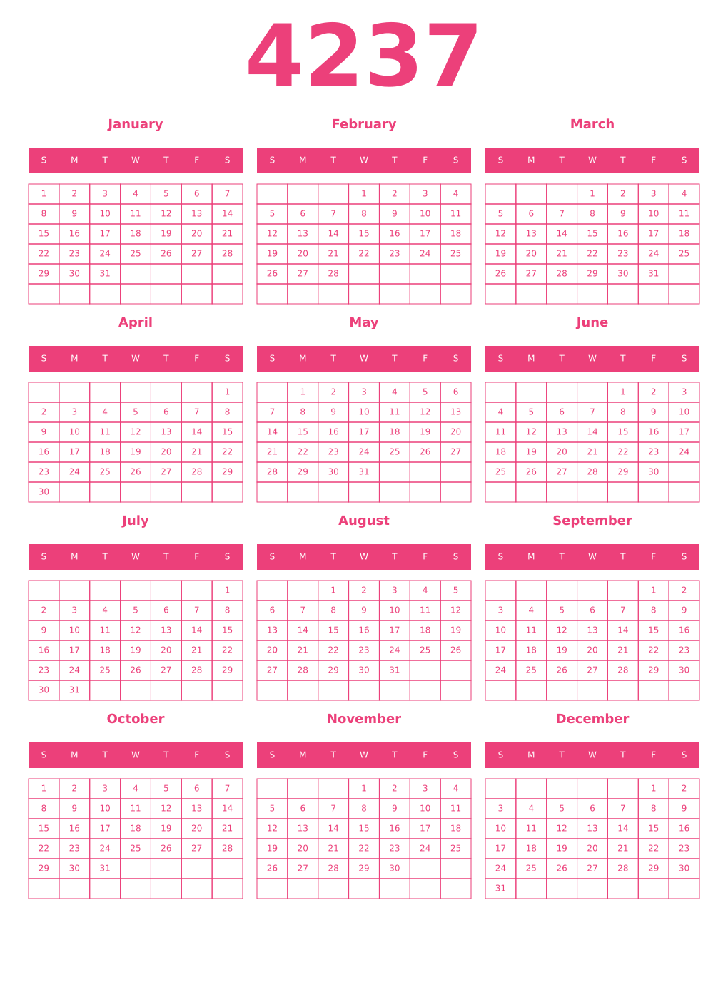 Printable 4237 Year Calendars pink