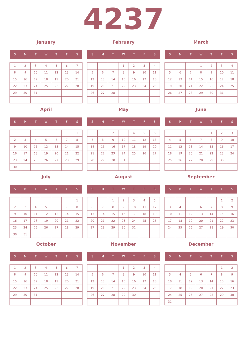 Printable 4237 Year Calendars puce