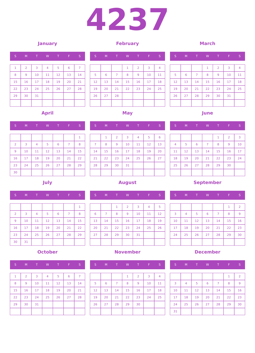 Printable 4237 Year Calendars purple