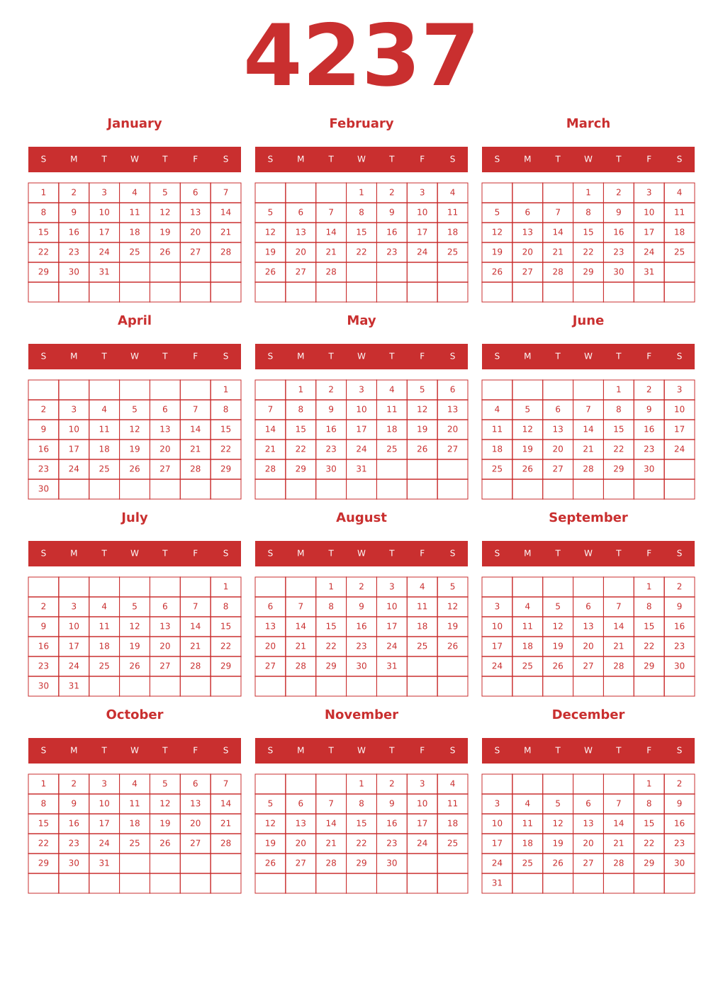 Printable 4237 Year Calendars red
