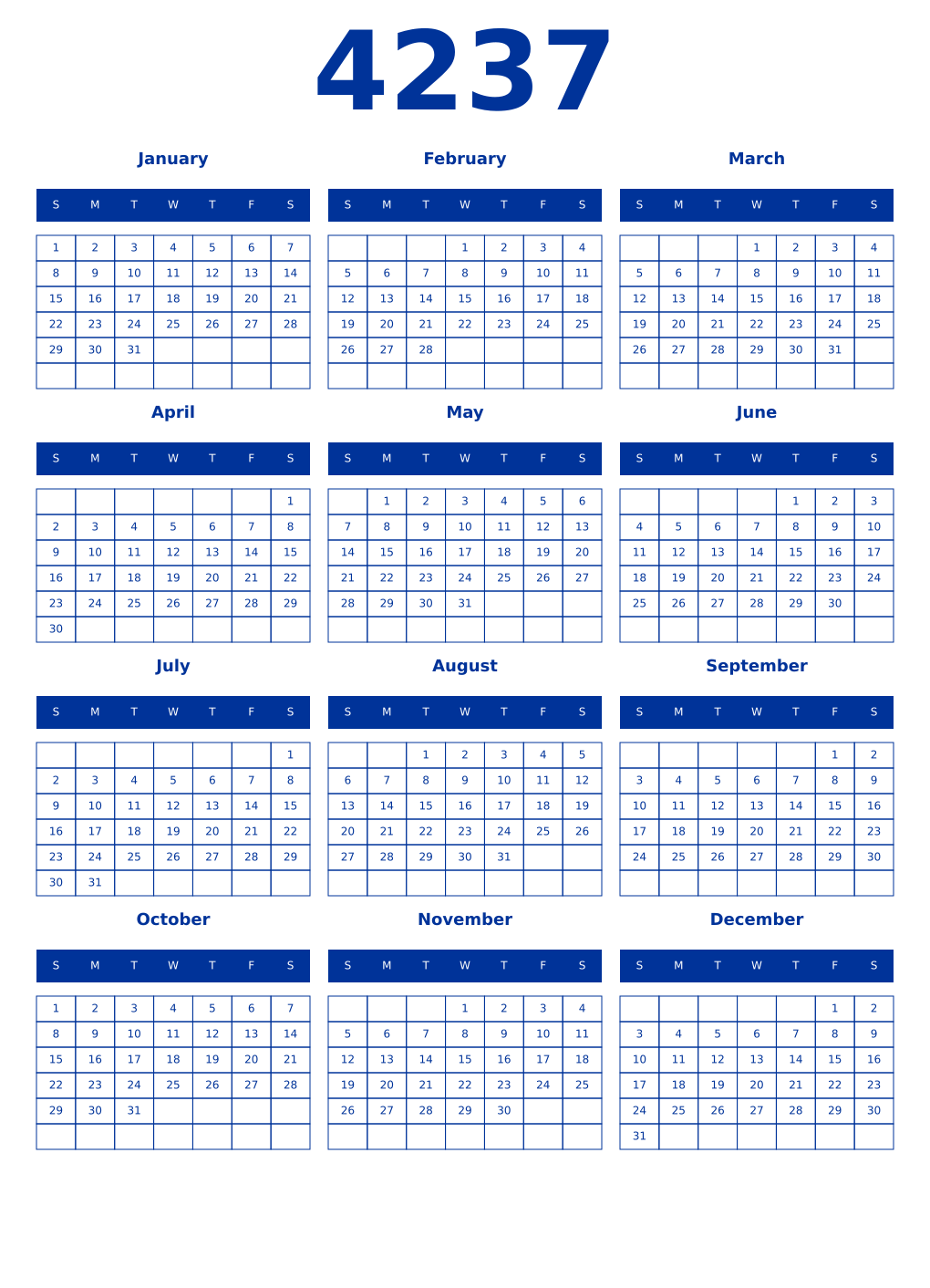 Printable 4237 Year Calendars smalt