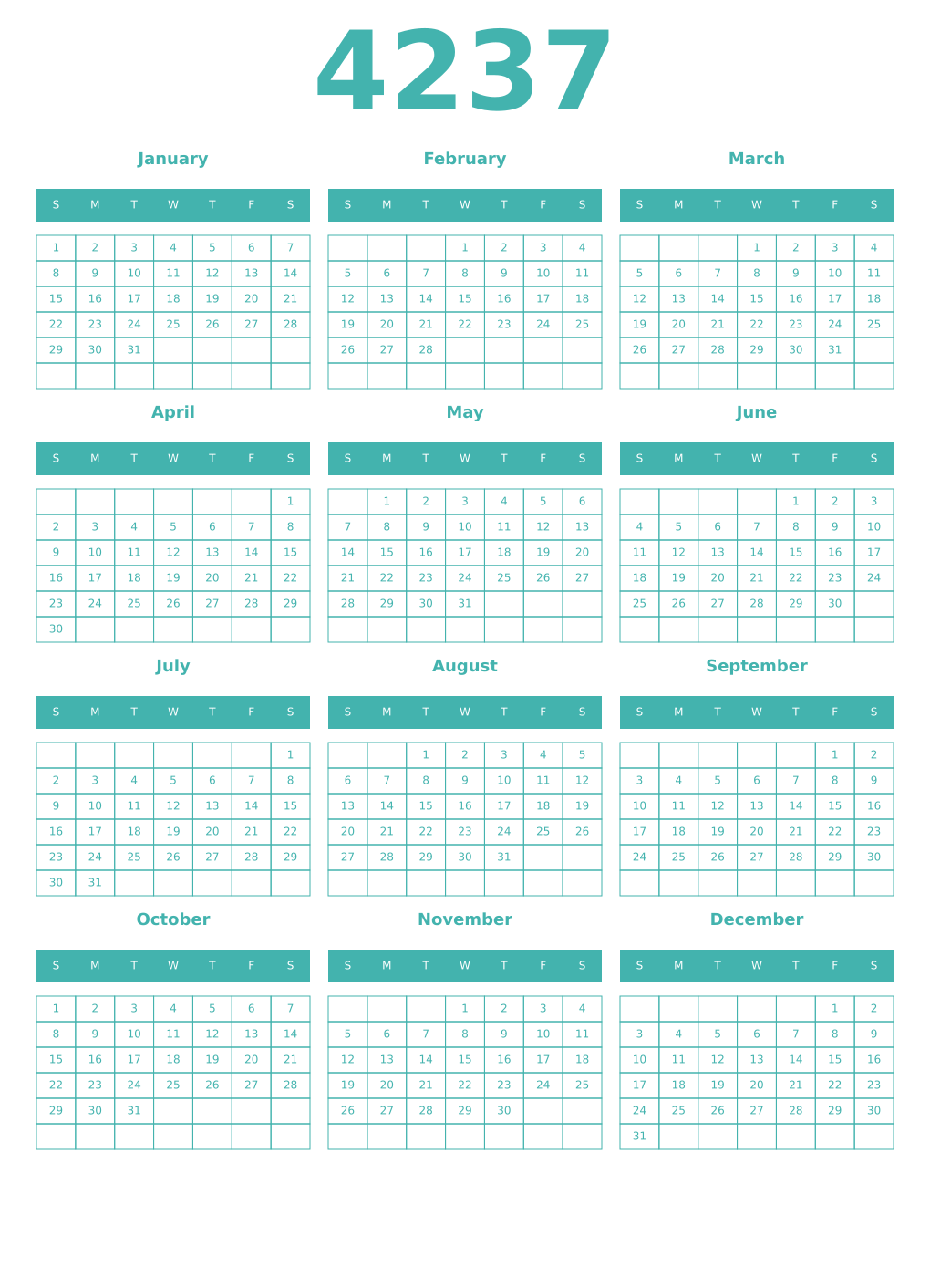 Printable 4237 Year Calendars verdigris