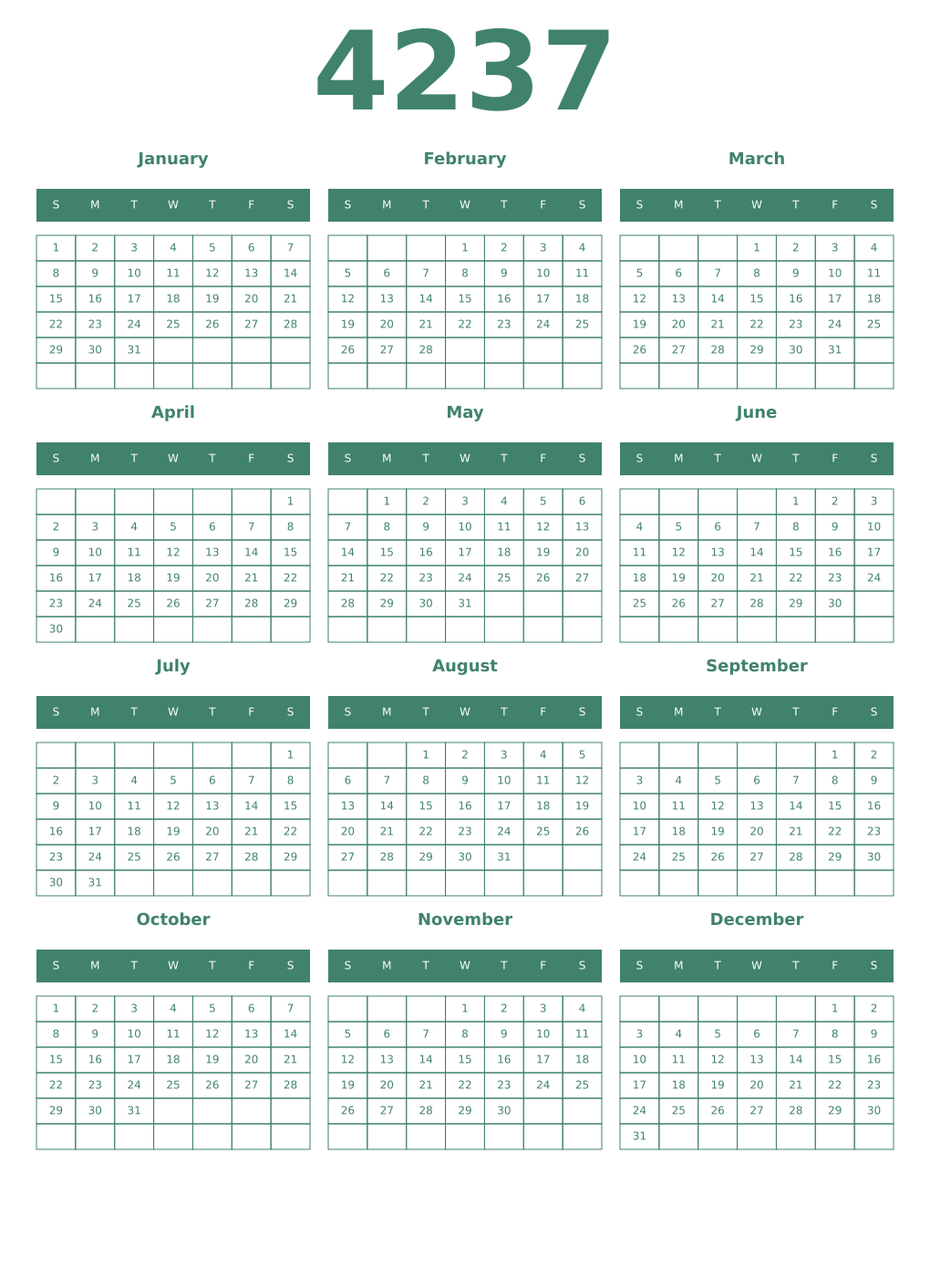 Printable 4237 Year Calendars viridian