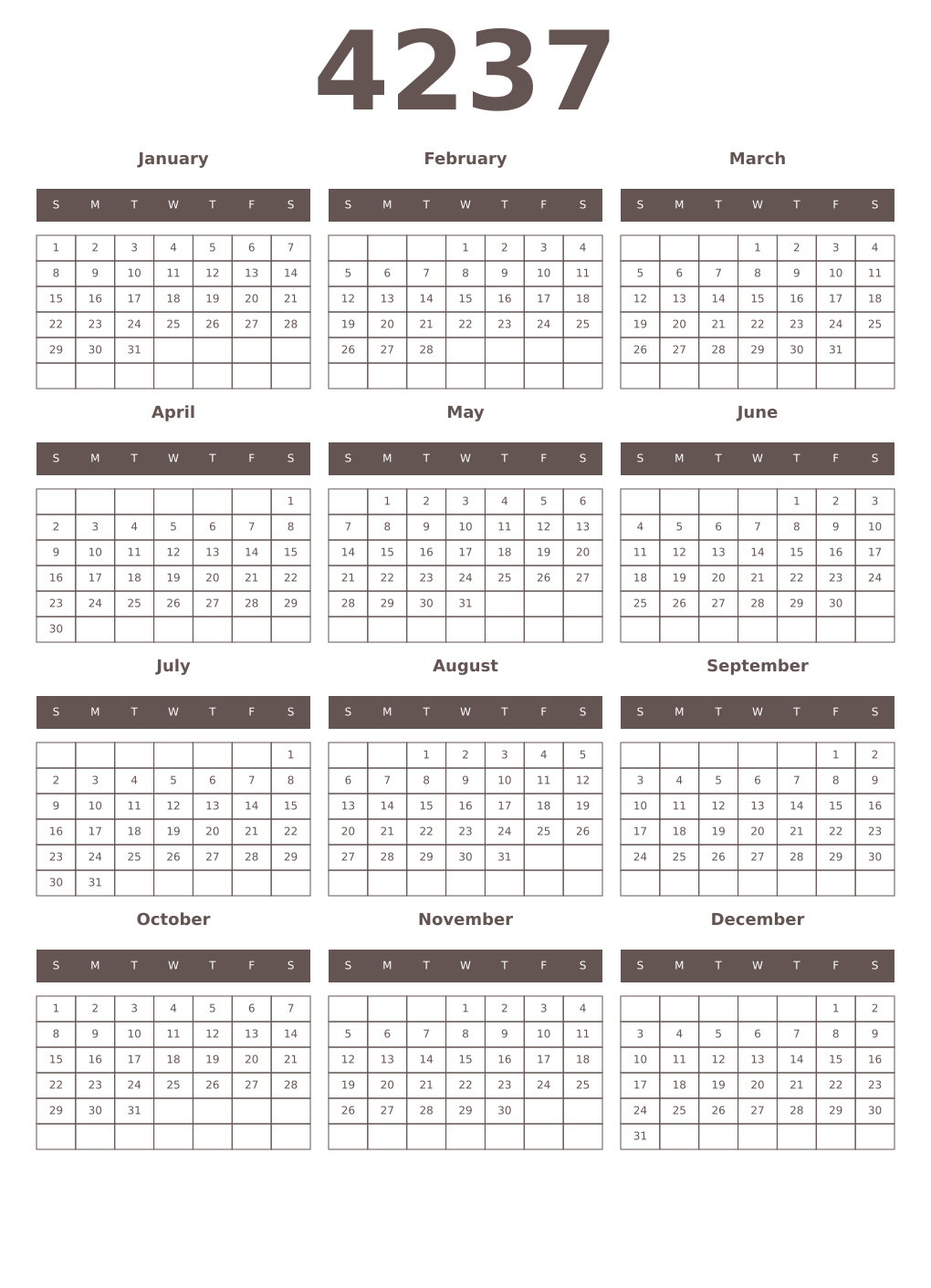 Printable 4237 Year Calendars wenge