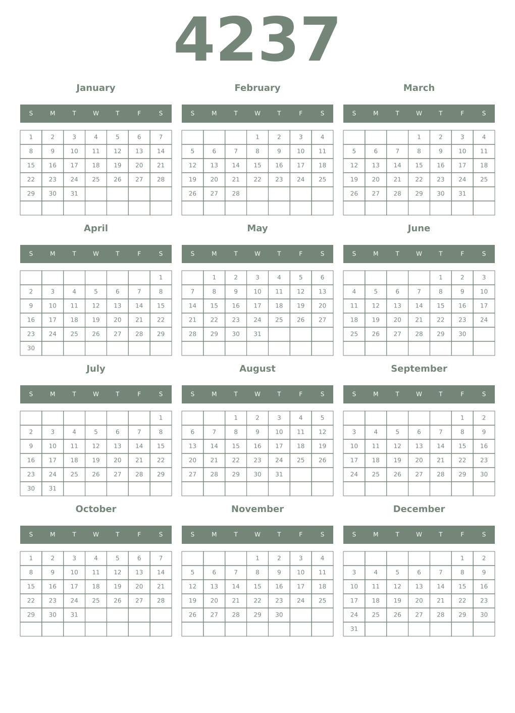 Printable 4237 Year Calendars xanadu