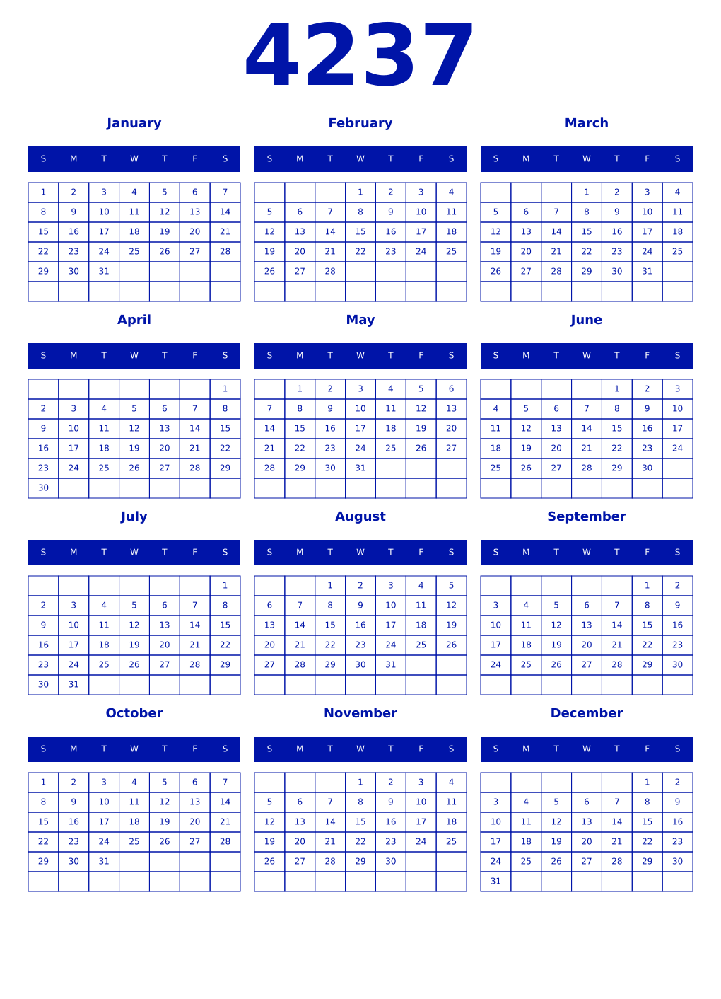 Printable 4237 Year Calendars zaffre