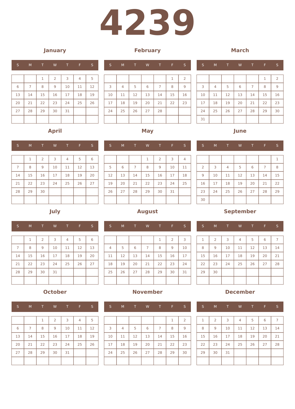 Printable 4239 Year Calendars coffe