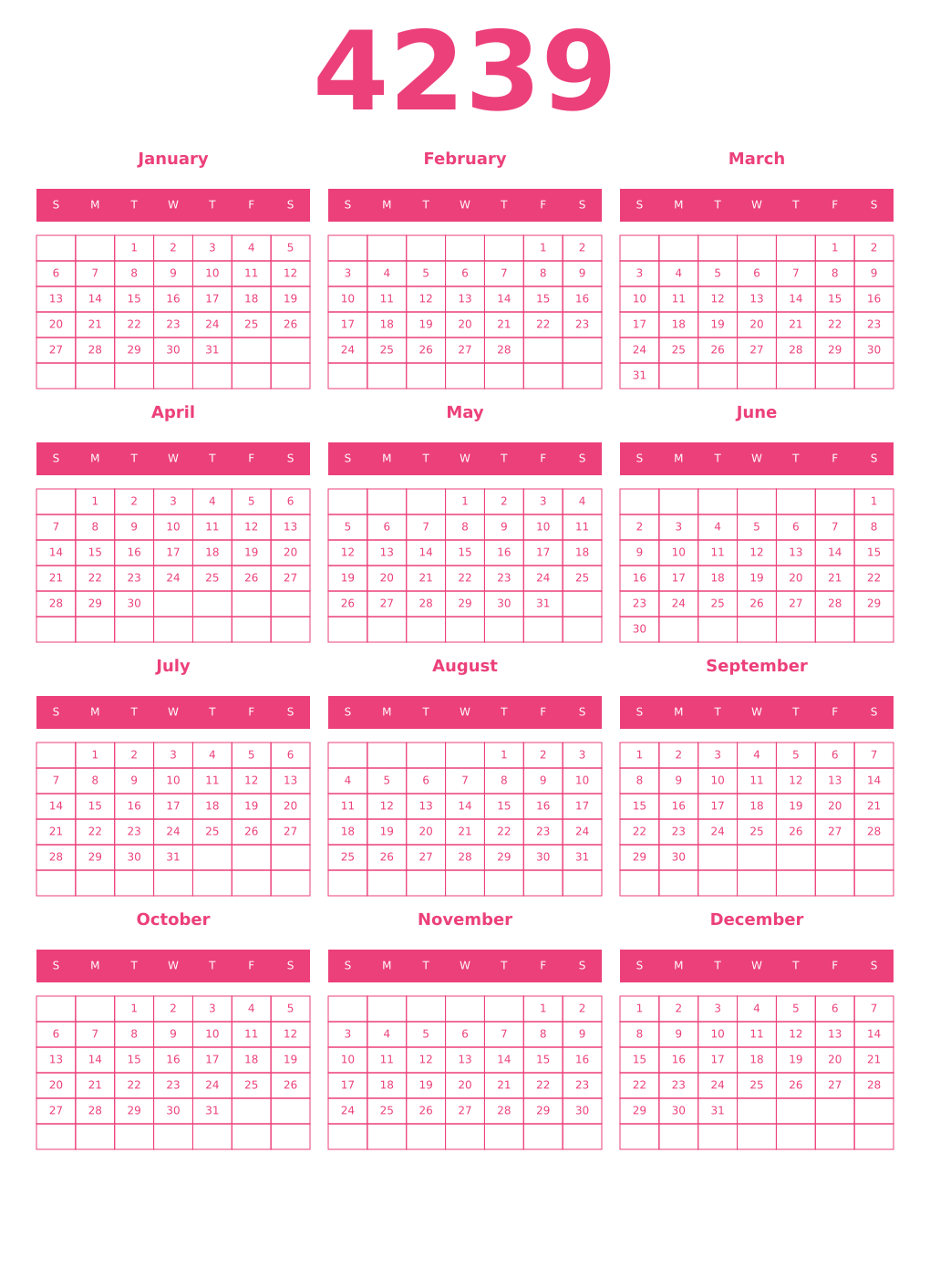Printable 4239 Year Calendars pink
