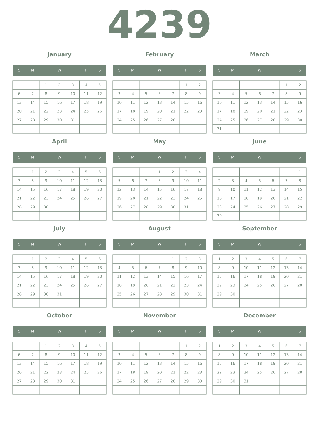 Printable 4239 Year Calendars xanadu