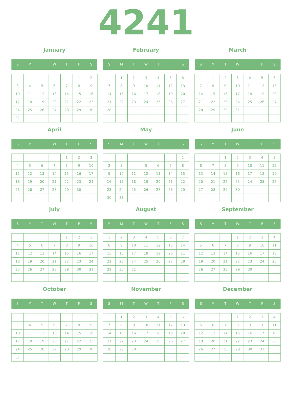Printable 4241 Year Calendars celadon