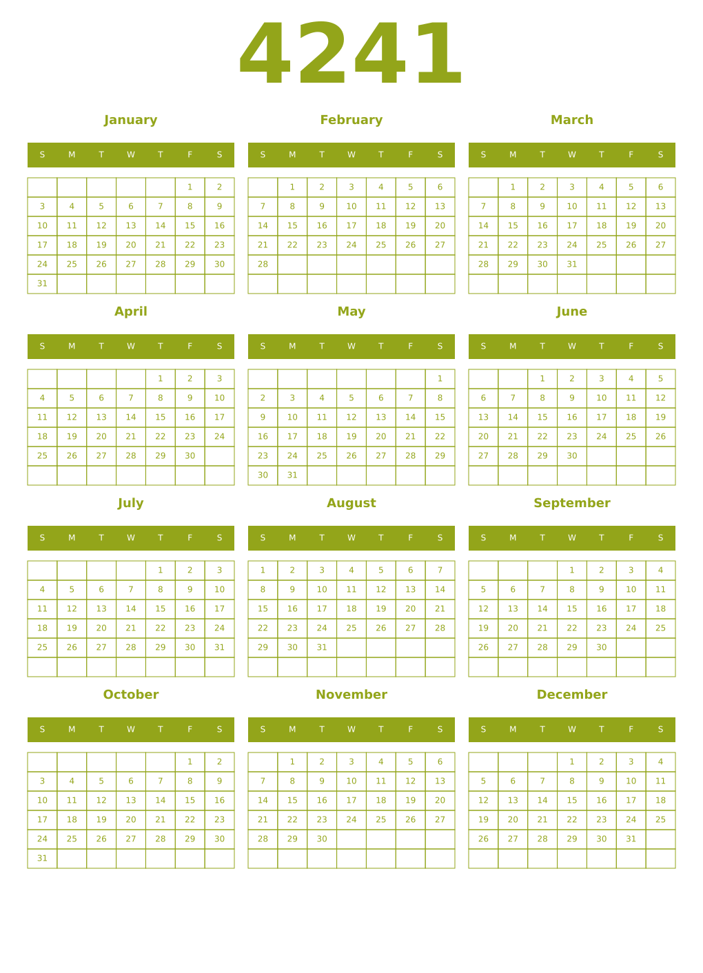 Printable 4241 Year Calendars chartreuse