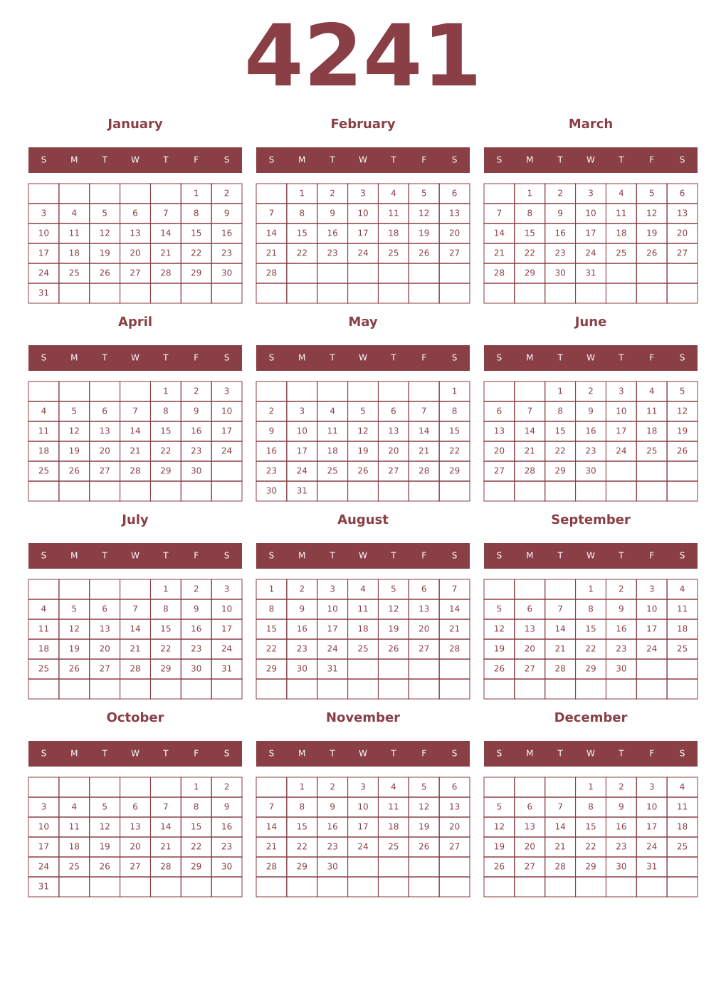 Printable 4241 Year Calendars cordovan