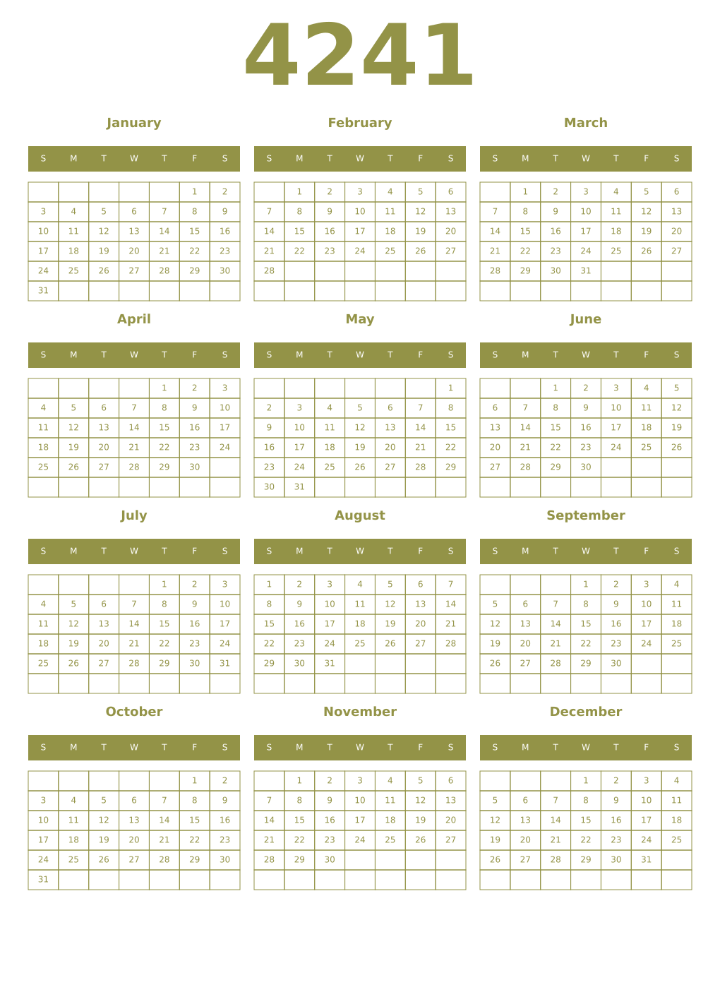 Printable 4241 Year Calendars eburnean