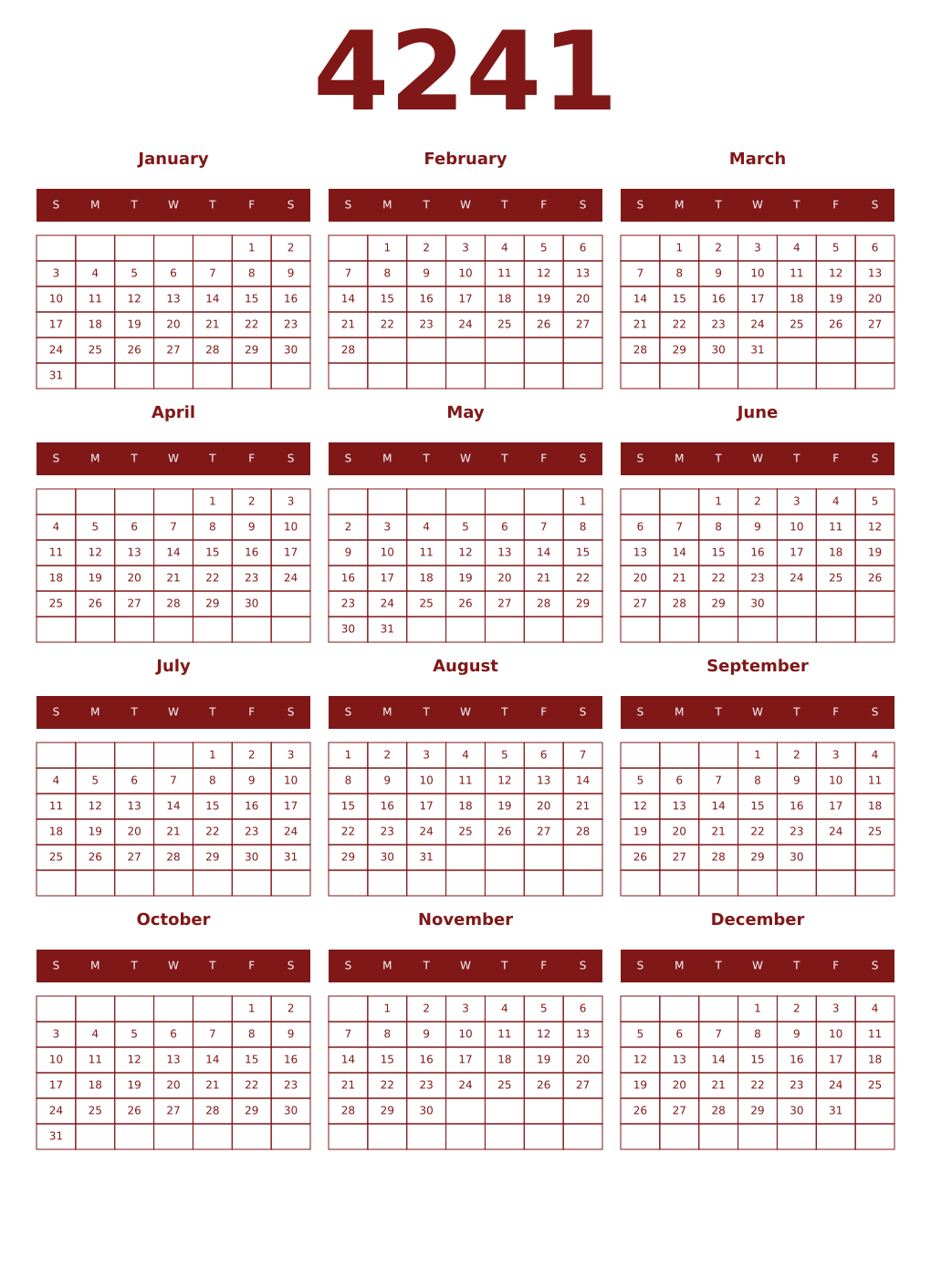 Printable 4241 Year Calendars falu