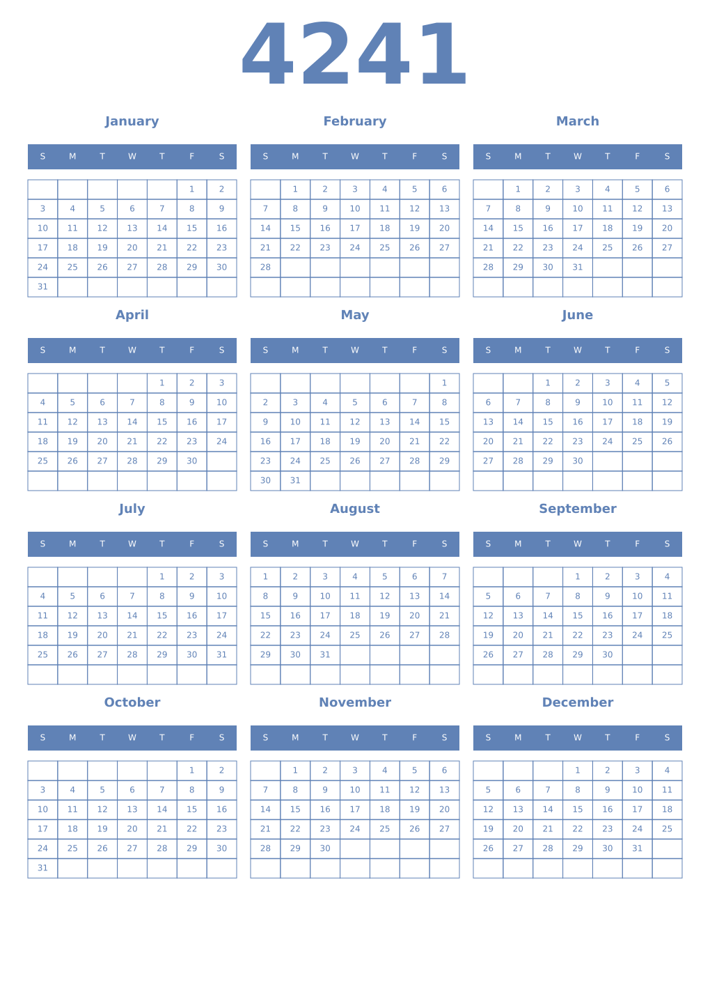 Printable 4241 Year Calendars glaucous