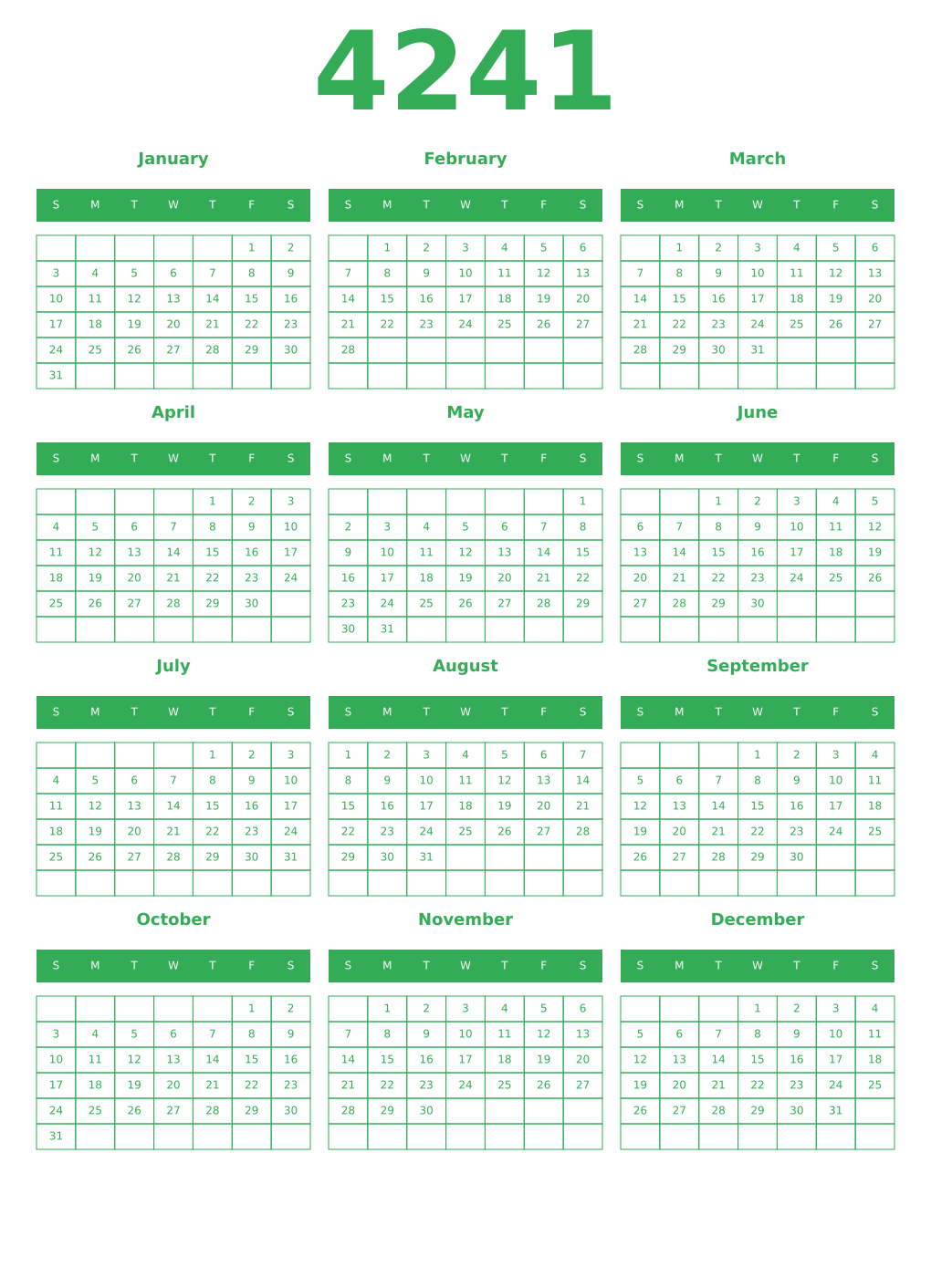Printable 4241 Year Calendars green