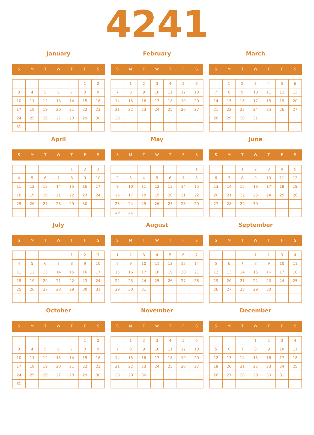 Printable 4241 Year Calendars orange