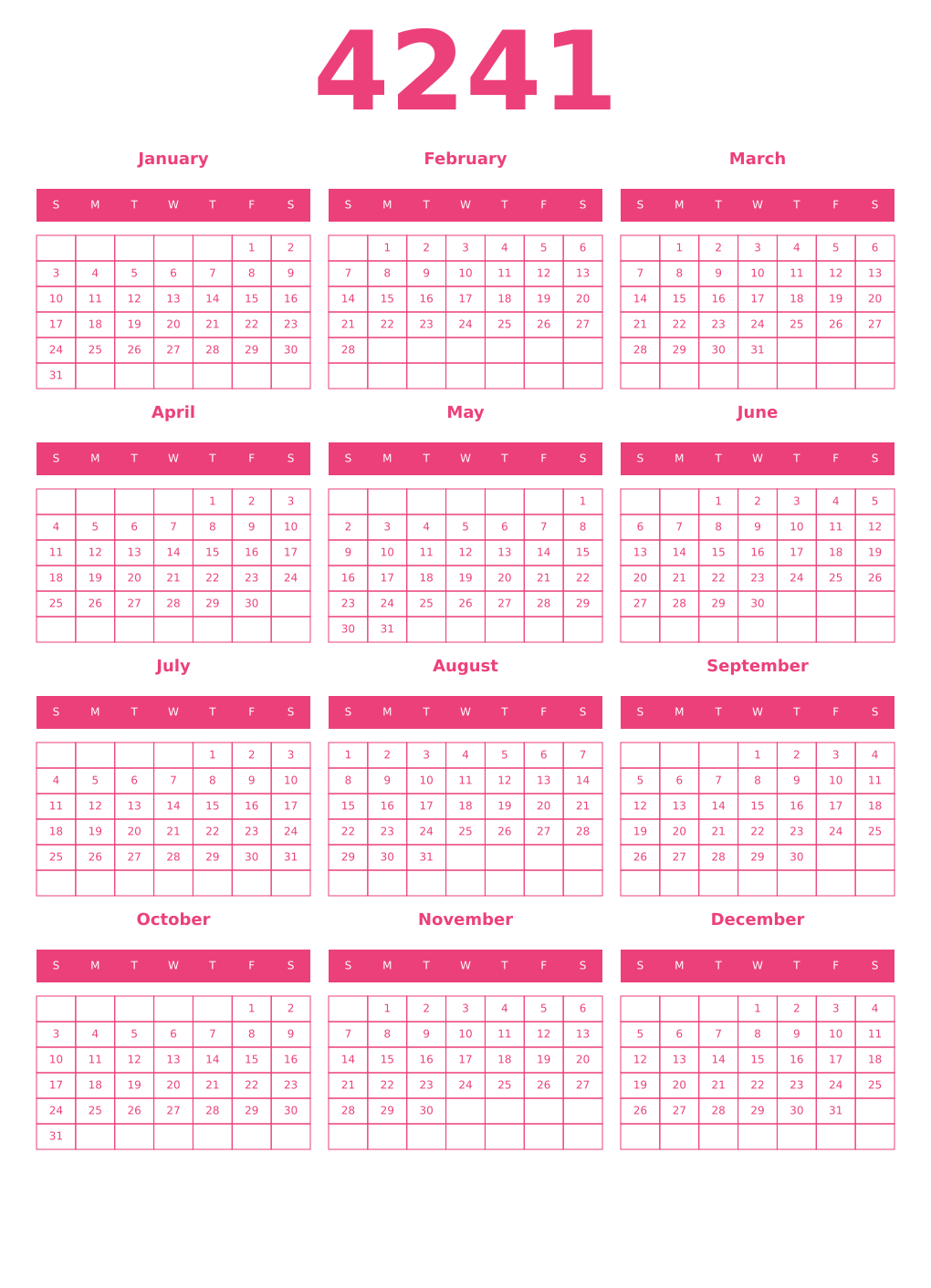 Printable 4241 Year Calendars pink