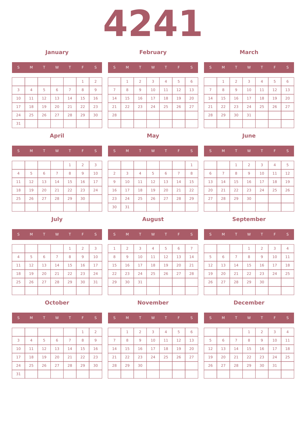Printable 4241 Year Calendars puce