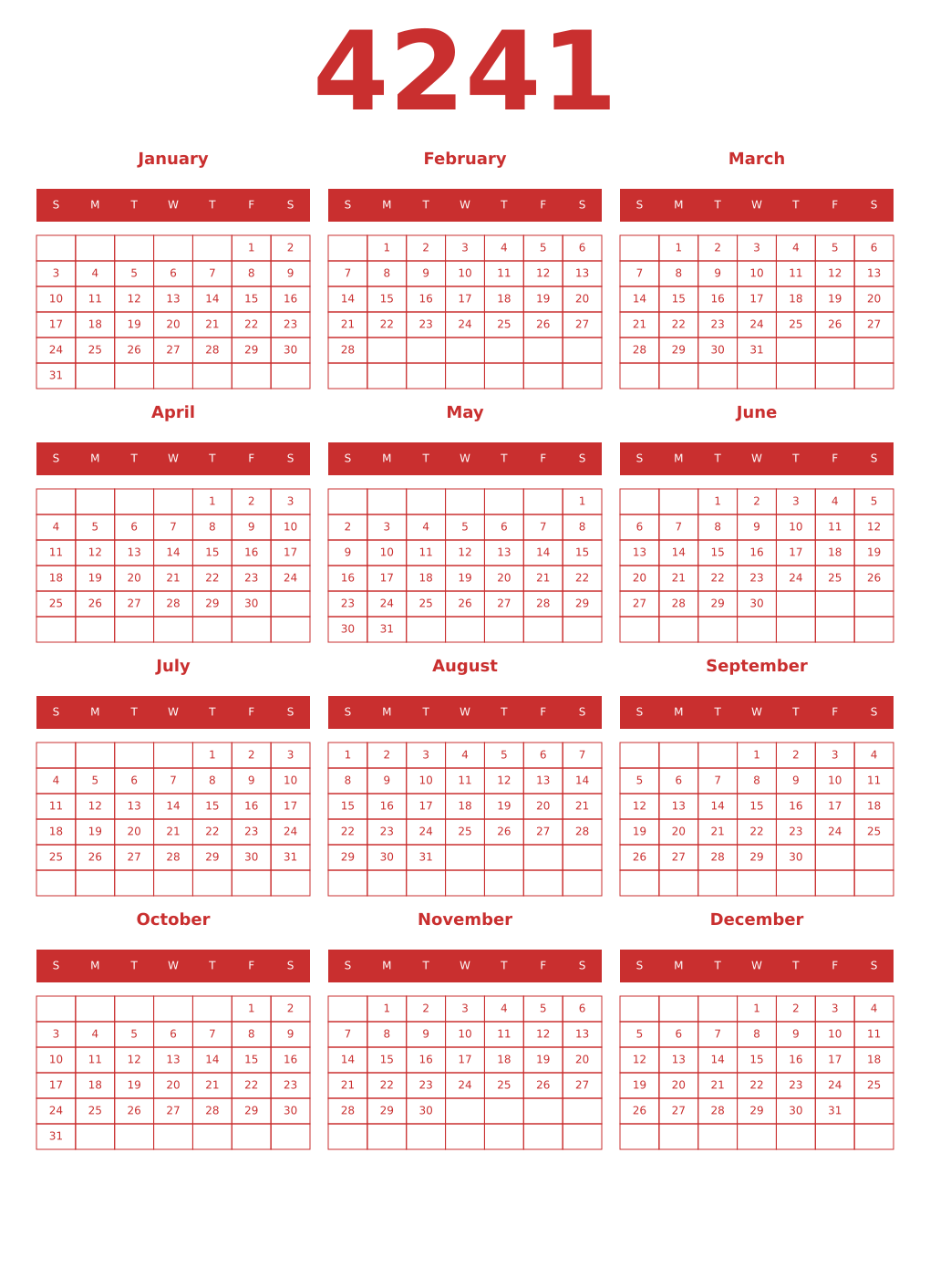 Printable 4241 Year Calendars red