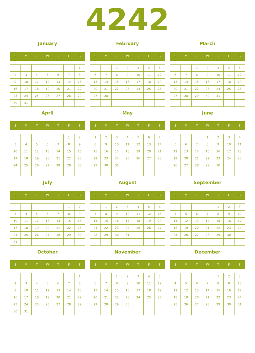Printable 4242 Year Calendars chartreuse