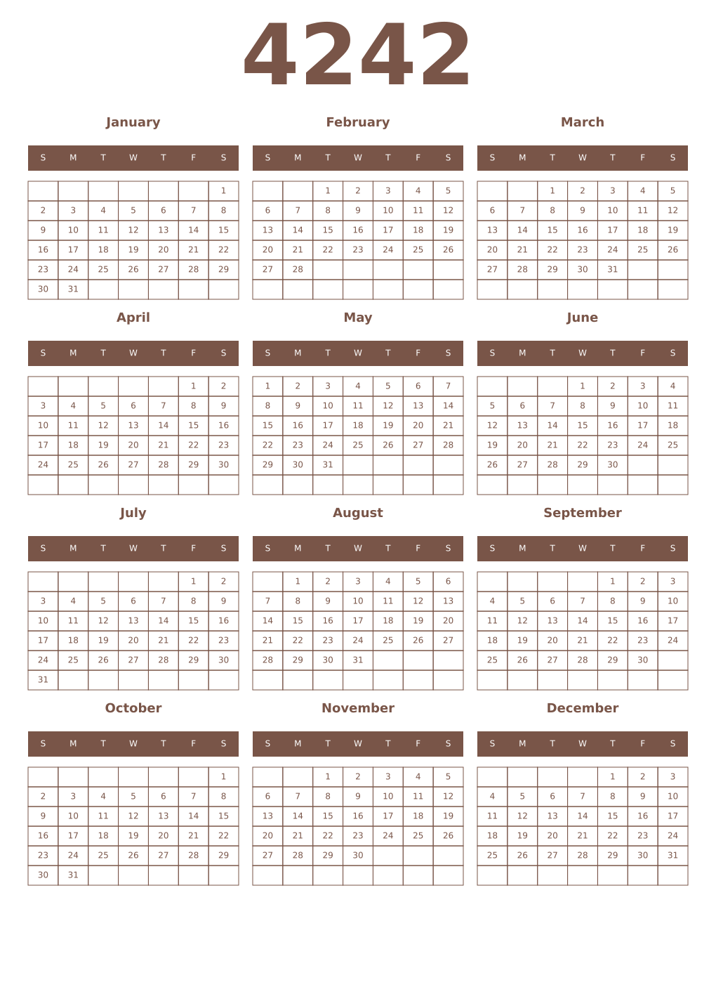 Printable 4242 Year Calendars coffe