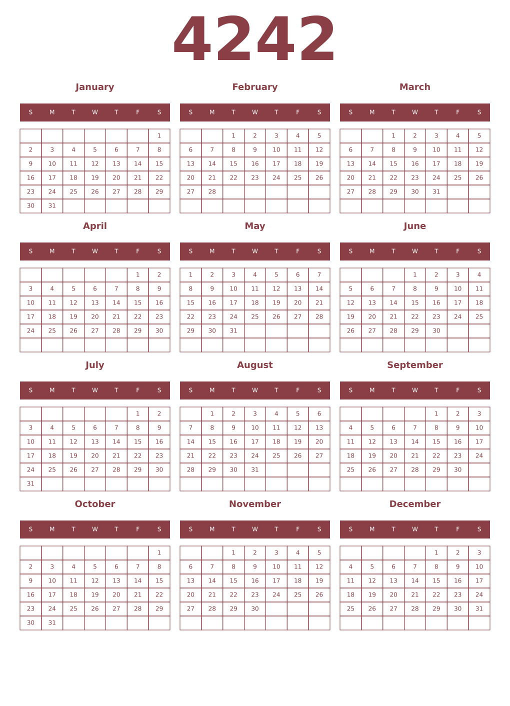 Printable 4242 Year Calendars cordovan