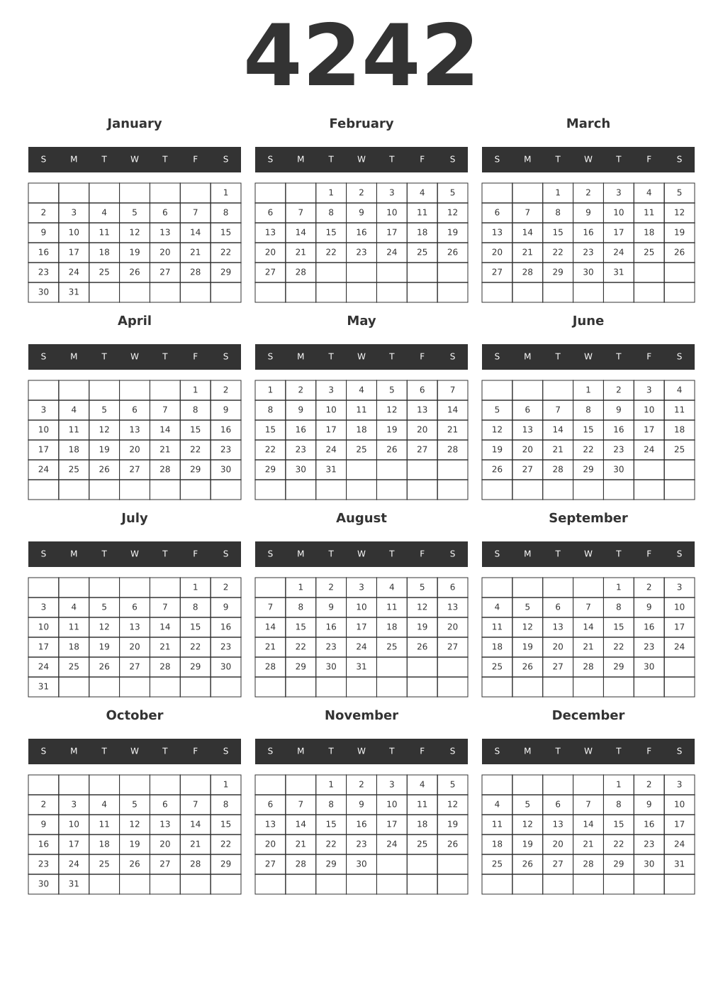 Printable 4242 Year Calendars dark