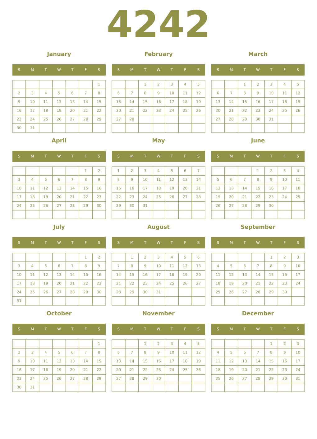 Printable 4242 Year Calendars eburnean
