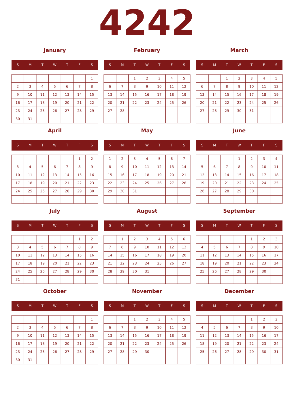 Printable 4242 Year Calendars falu