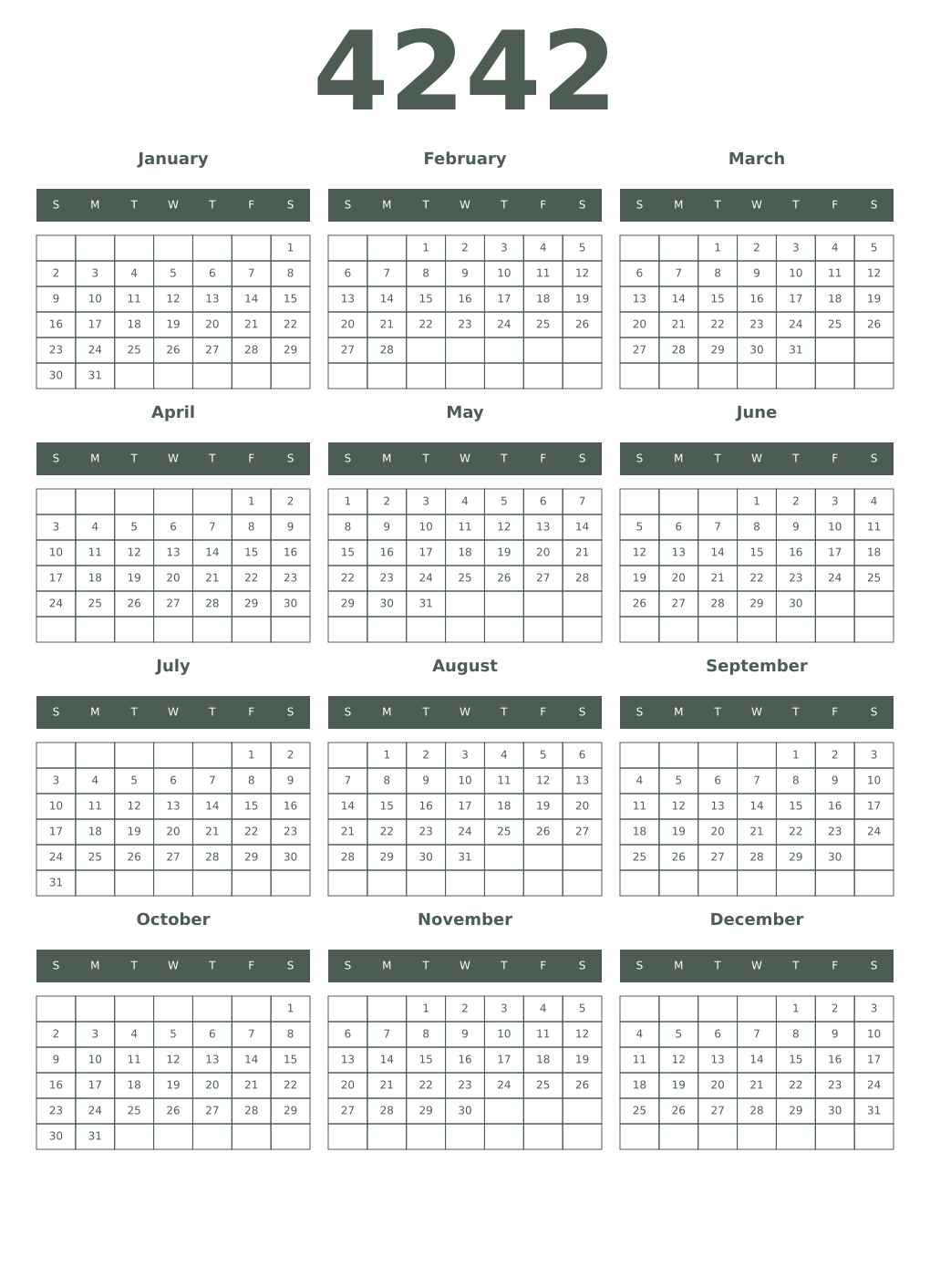Printable 4242 Year Calendars feldgrau