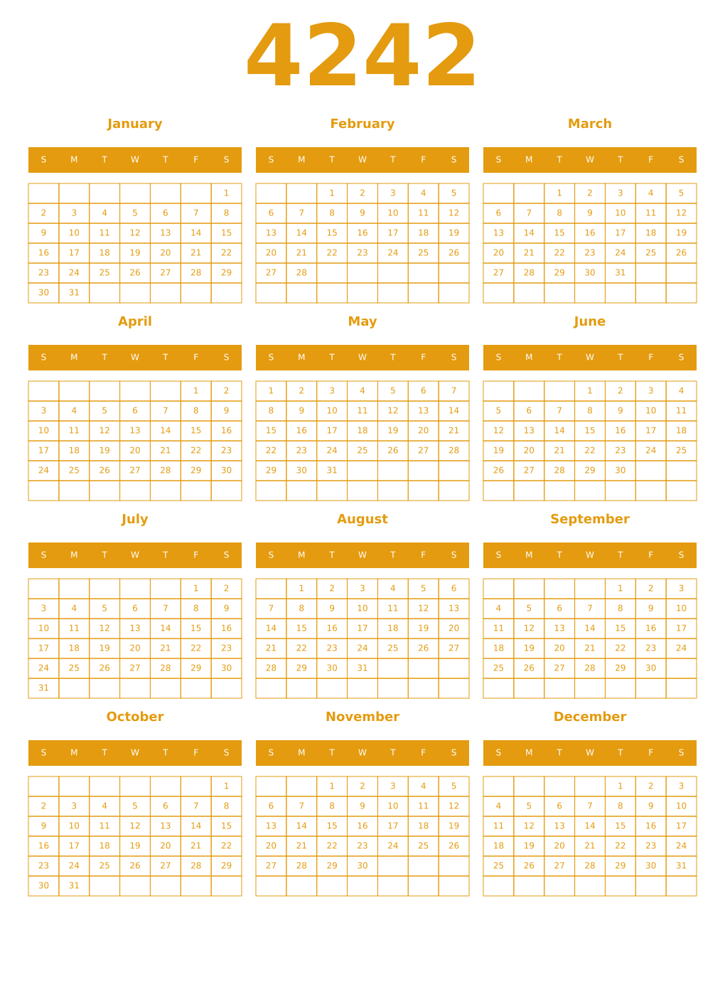 Printable 4242 Year Calendars gamboge