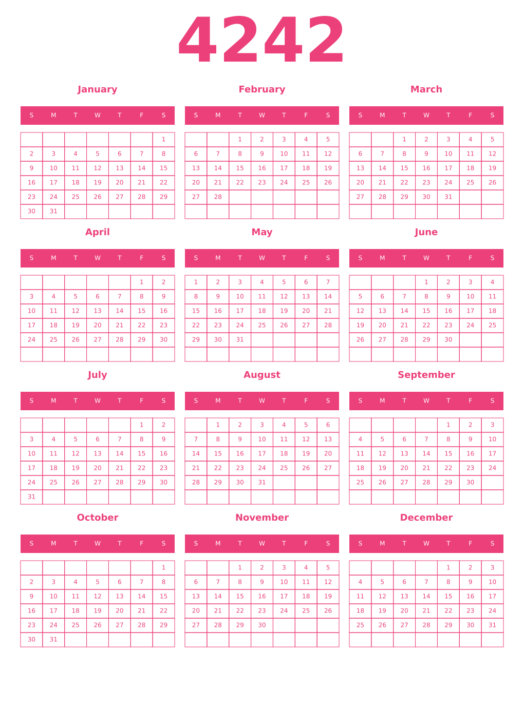 Printable 4242 Year Calendars pink