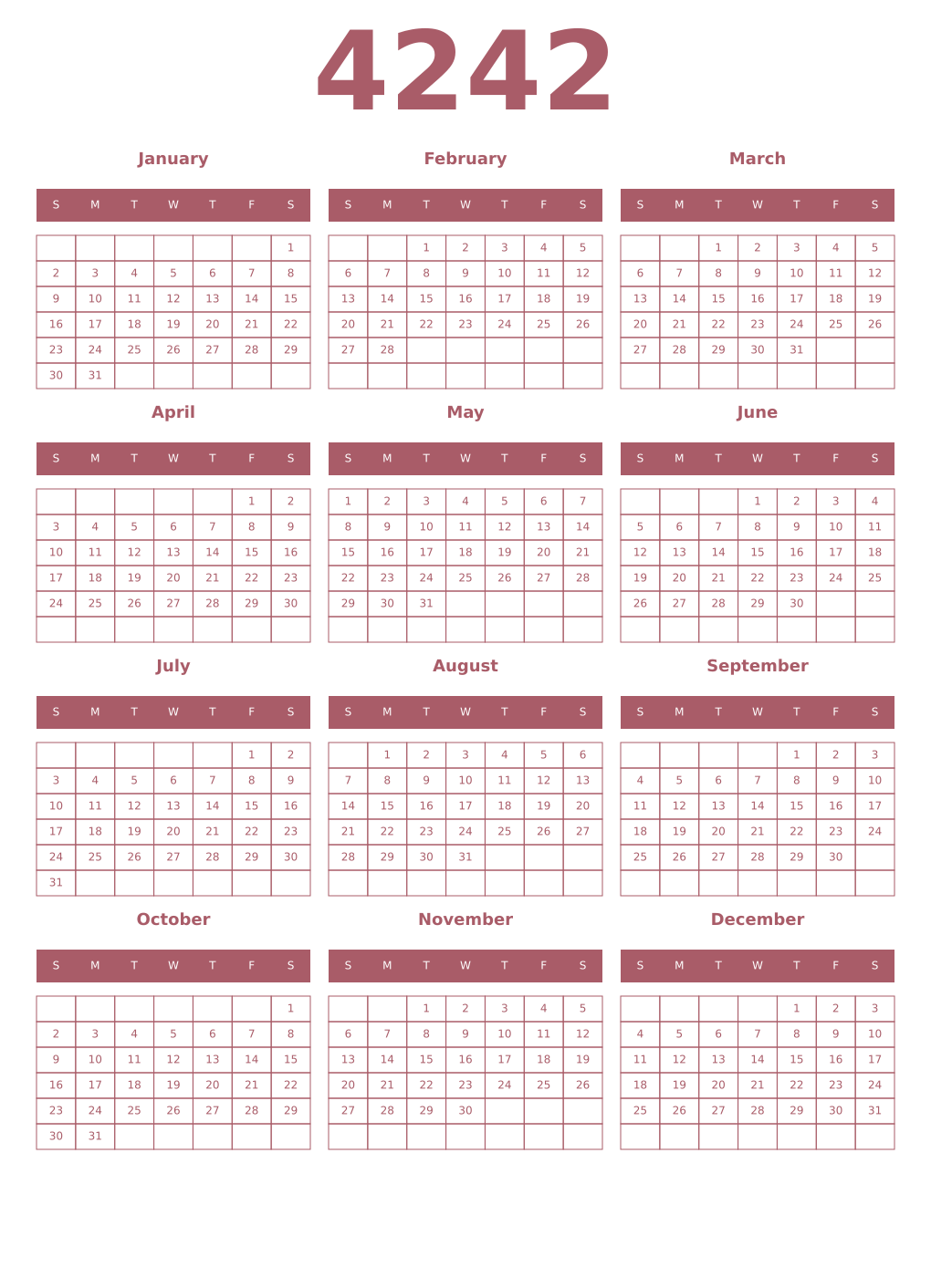 Printable 4242 Year Calendars puce