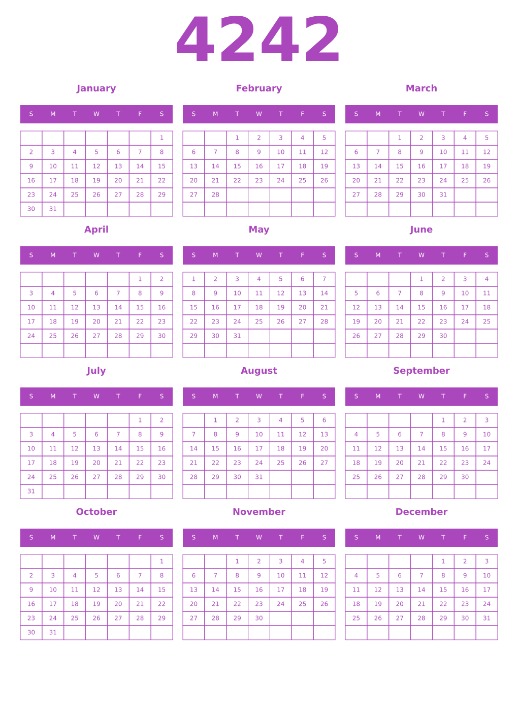 Printable 4242 Year Calendars purple