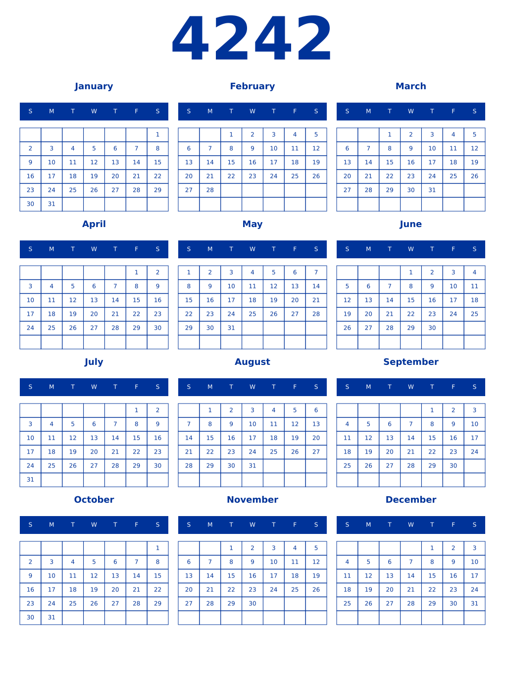 Printable 4242 Year Calendars smalt
