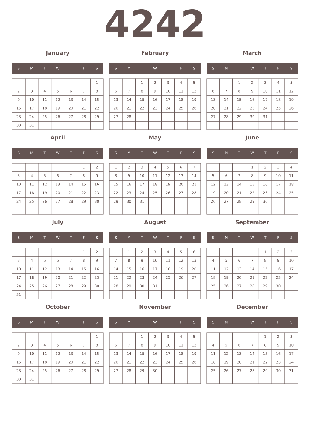 Printable 4242 Year Calendars wenge