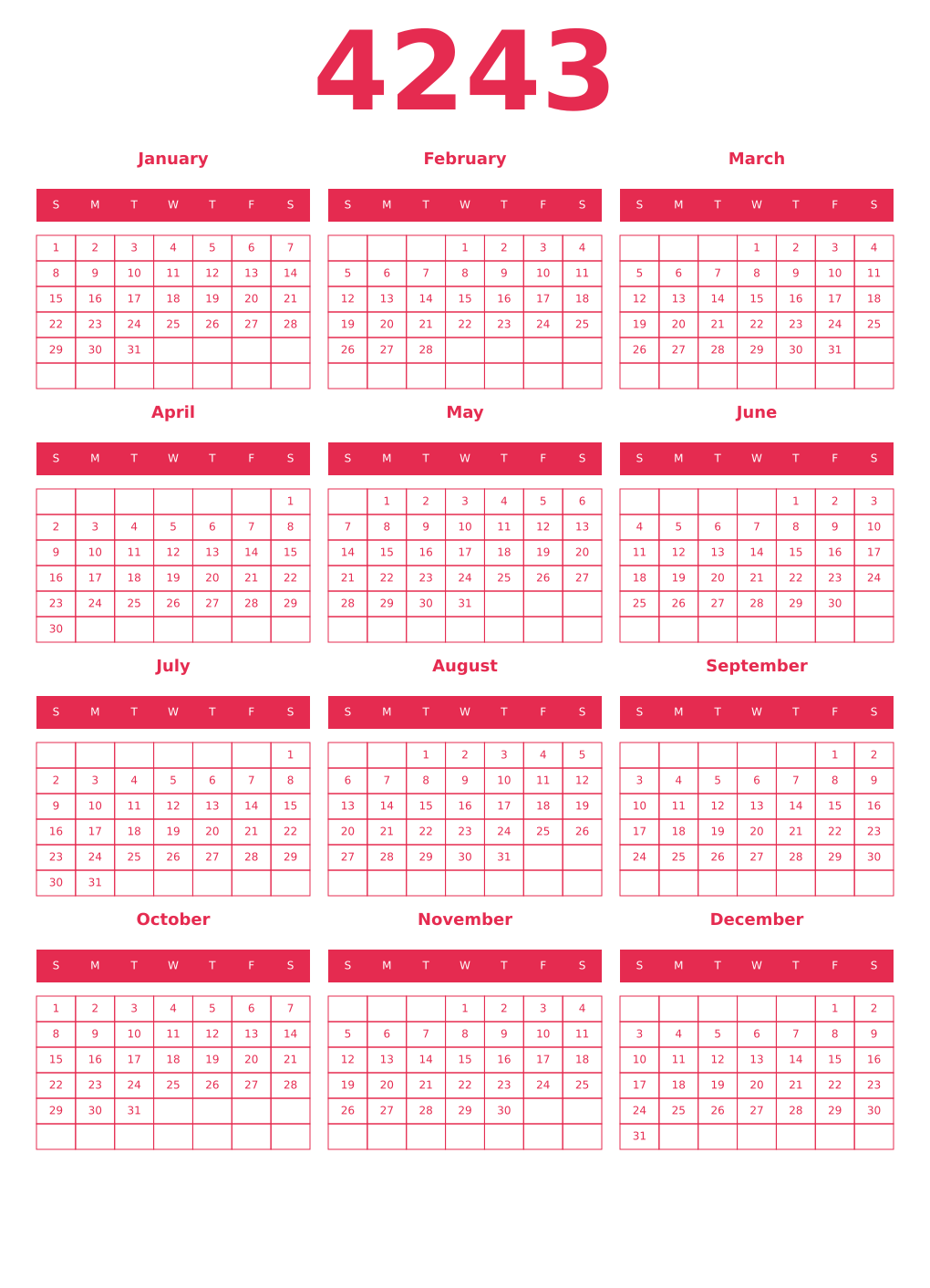 Printable 4243 Year Calendars amaranth