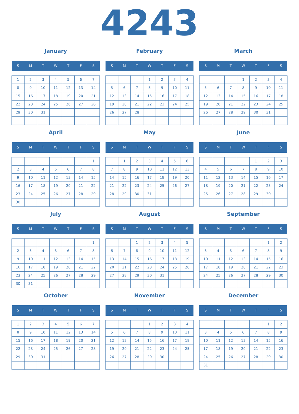 Printable 4243 Year Calendars blue
