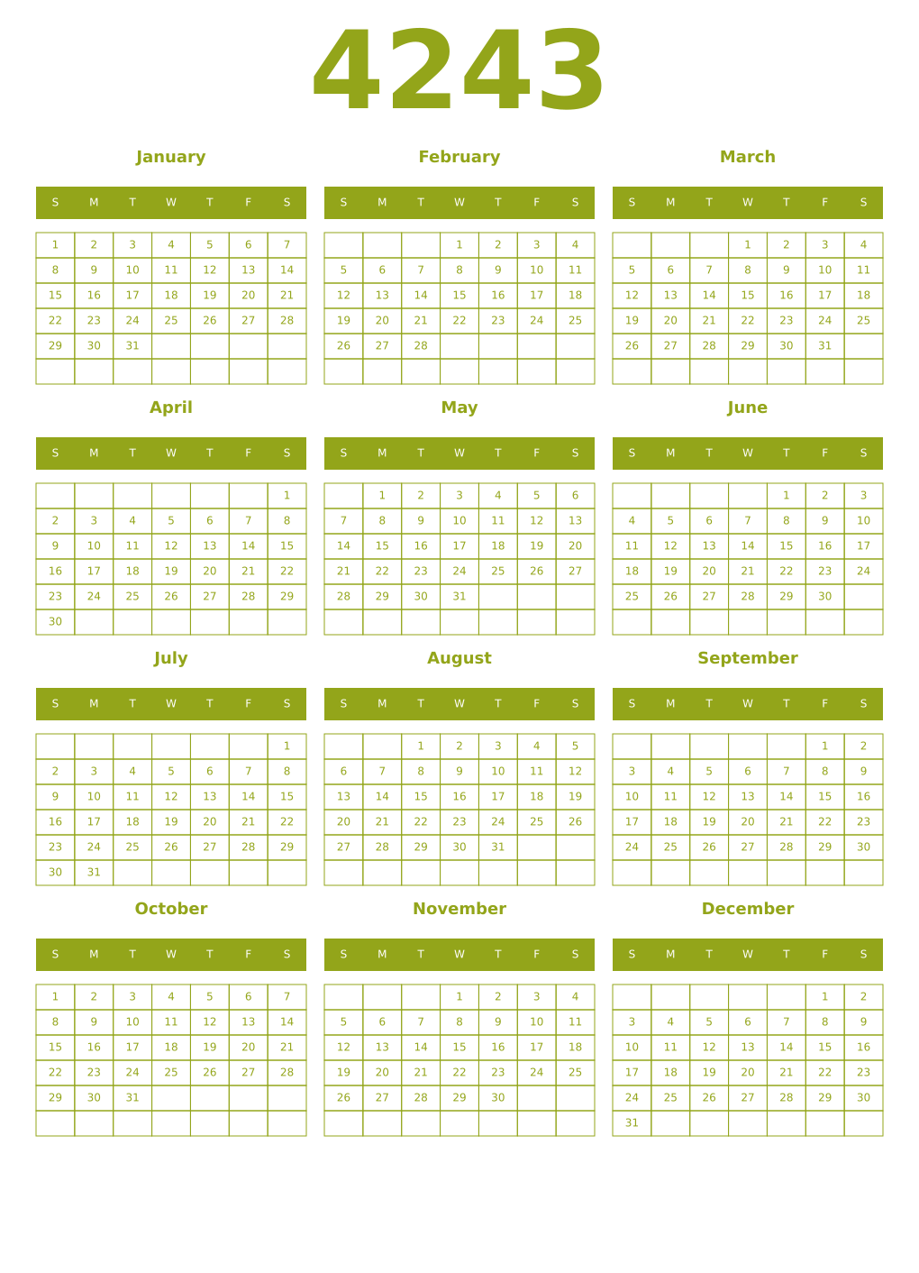 Printable 4243 Year Calendars chartreuse