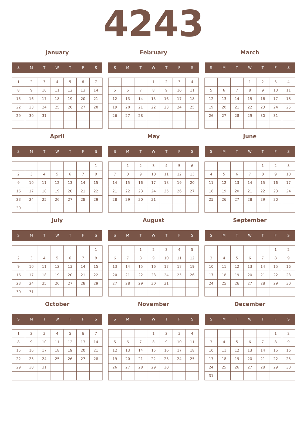 Printable 4243 Year Calendars coffe
