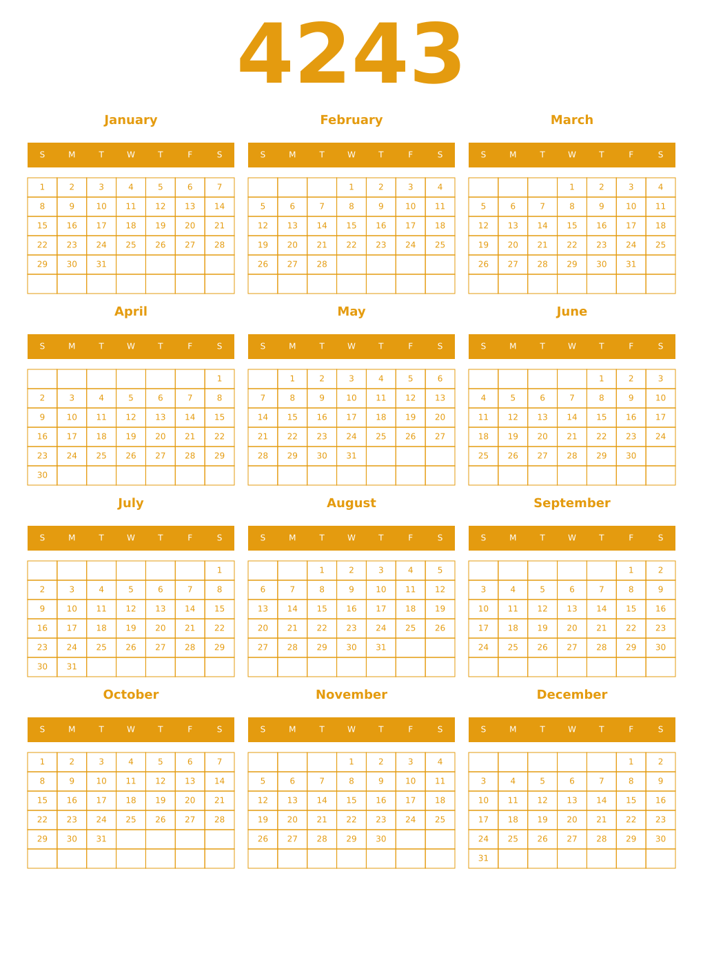Printable 4243 Year Calendars gamboge