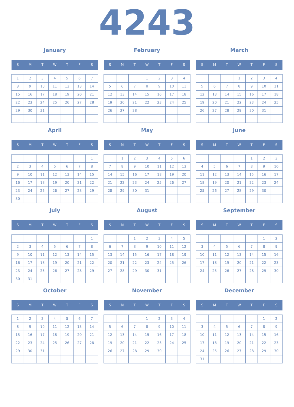 Printable 4243 Year Calendars glaucous