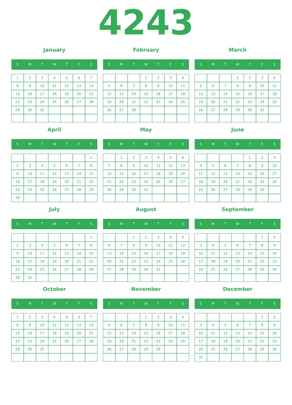 Printable 4243 Year Calendars green