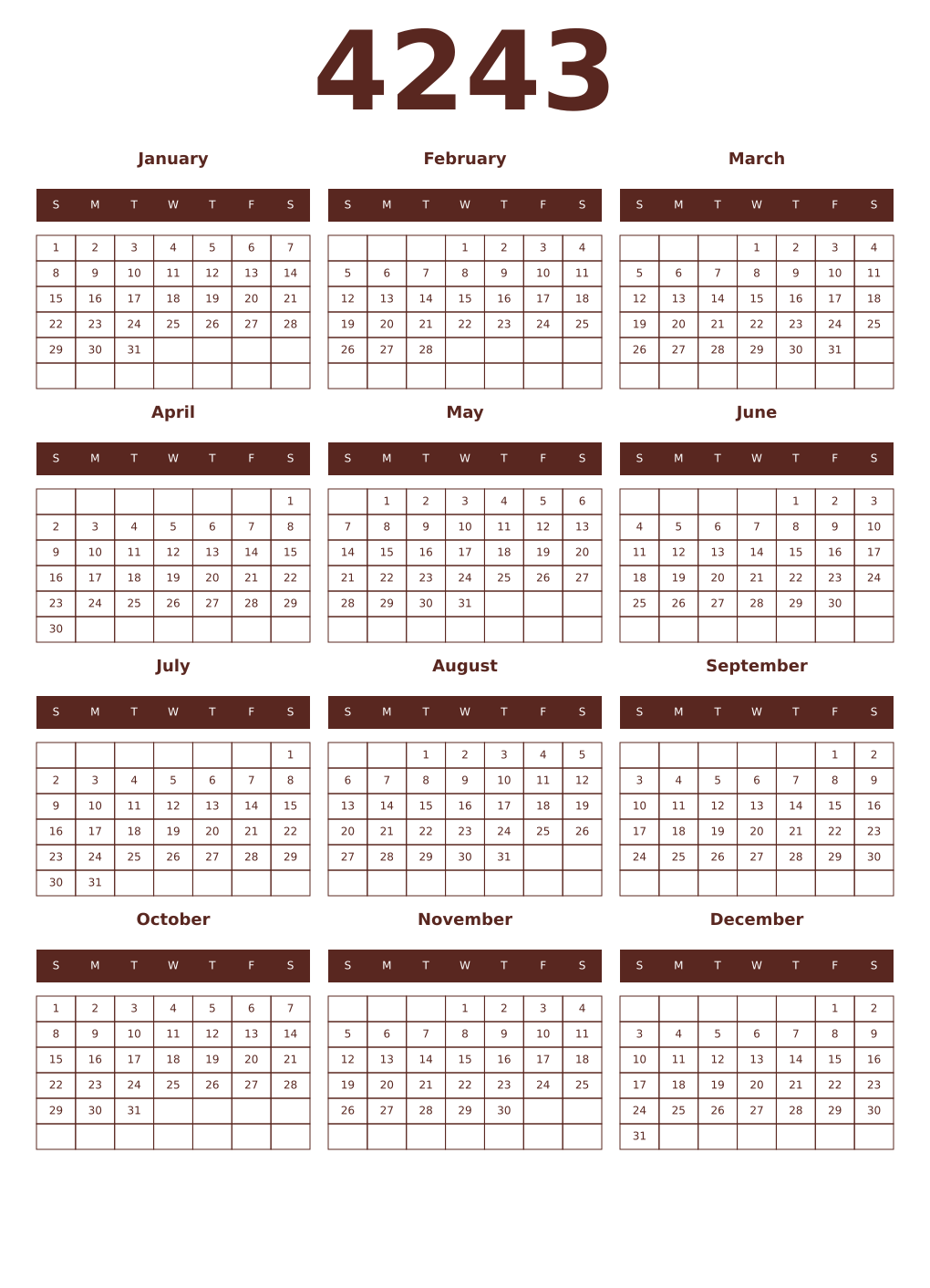 Printable 4243 Year Calendars mortuum