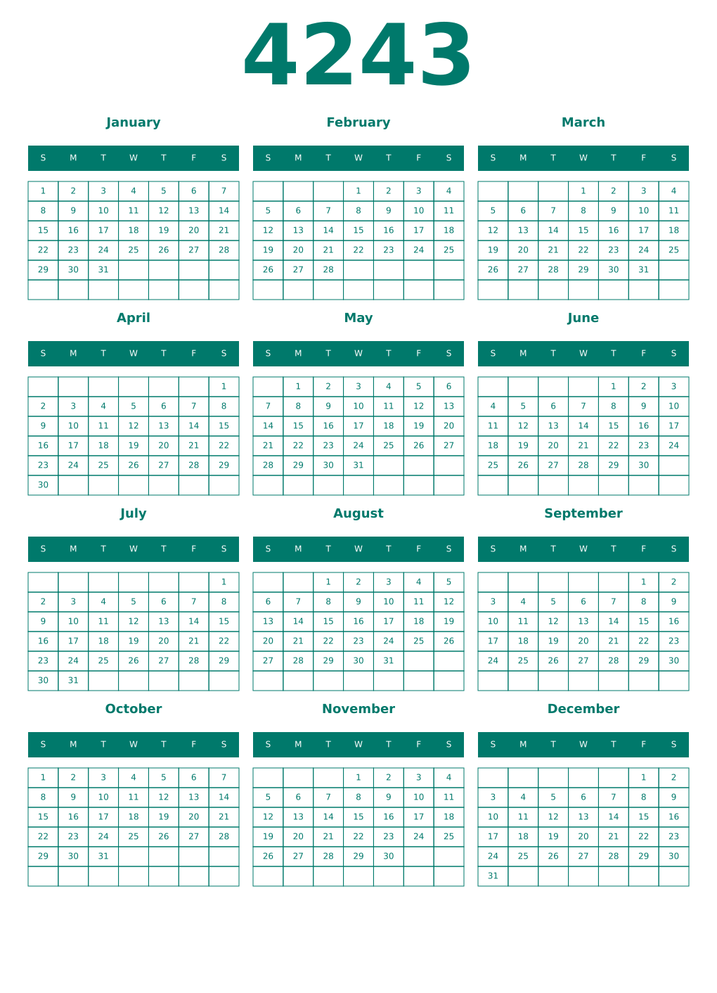 Printable 4243 Year Calendars pastel